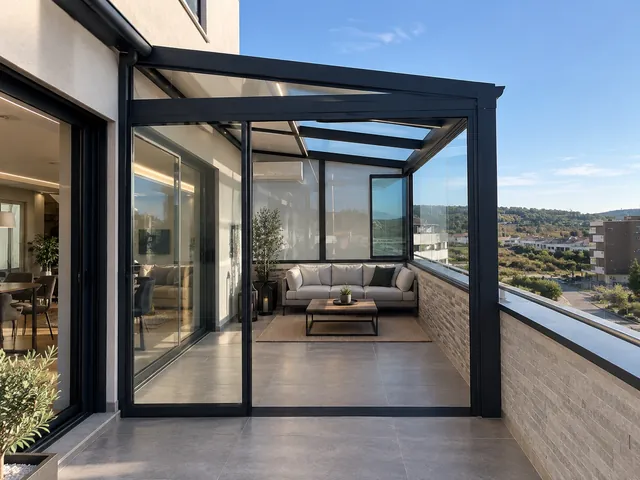 Terraza cerrada con cristal y perfil de aluminio negro