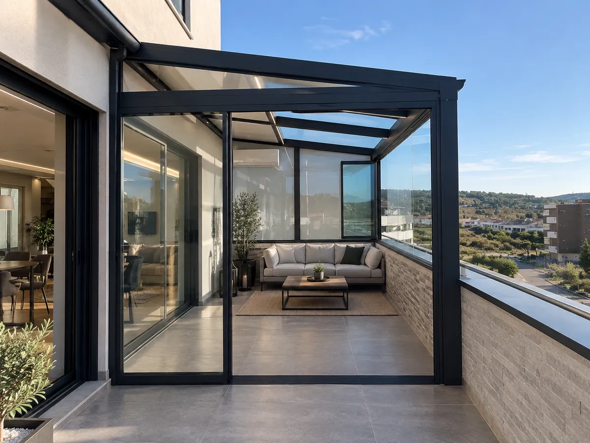 Terraza acristalada con cristal y estructura de aluminio negro