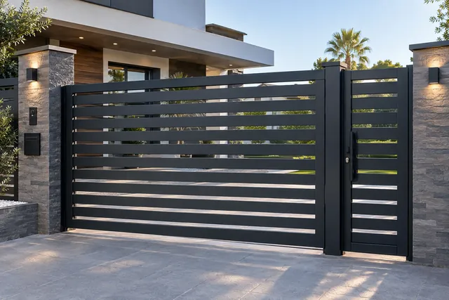 Puerta corredera de lamas de aluminio negro con puerta peatonal a juego